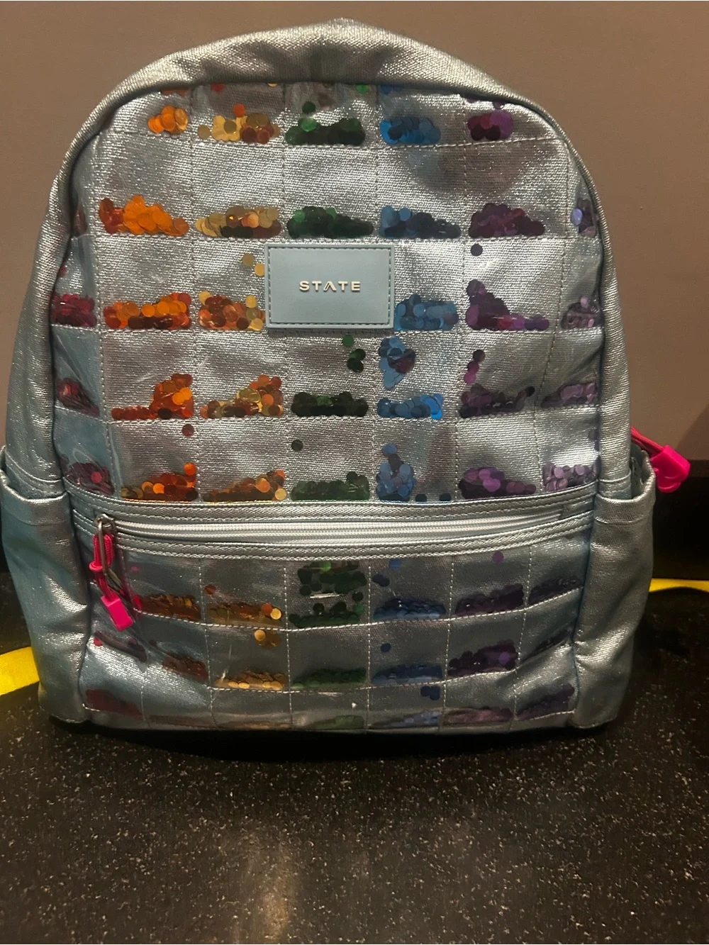 STATE KANE Double Backpack large SilverSequin Grid Backpack with Rainbow Accents